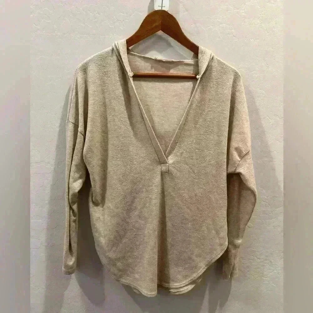 HONEY PUNCH Womens Beige Pullover V-neck Hooded Longsleeve Oversize Shirt Small